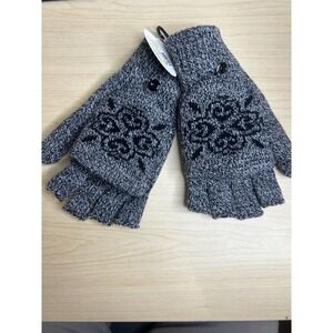 Pugs Apparel Convertible Fingerless Mitten Gloves Grey Black Knit Floral Rose